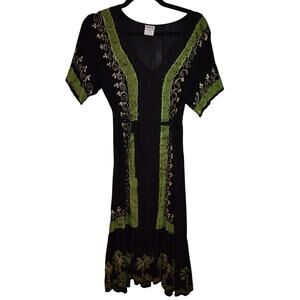 ASHA Boho Dress - Embroidered Black Kaftan w/ Palm Trees - Made in India - OSFA